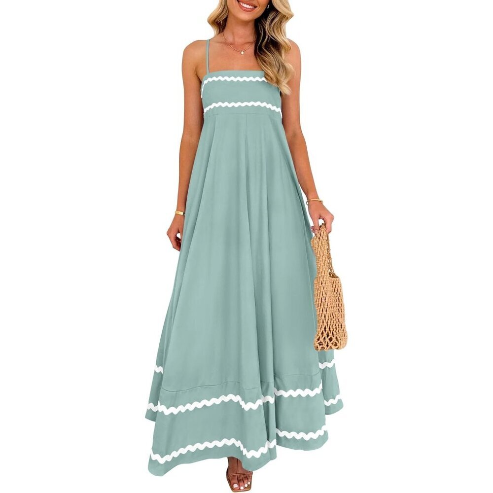 Women's Sage Green Casual Sleeveless Spaghetti Strap Ruffle Beach Maxi Dress